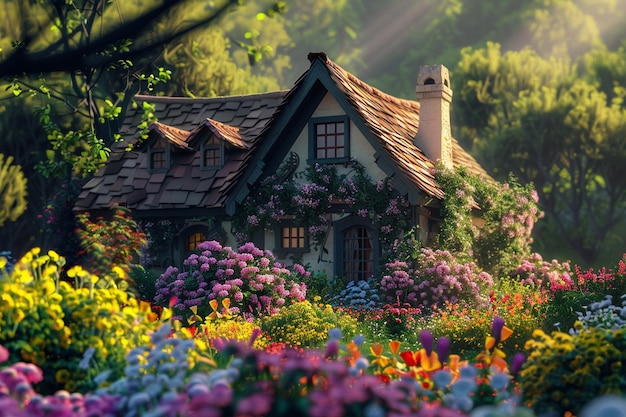 Quaint cottage surrounded by blooming flowers octa