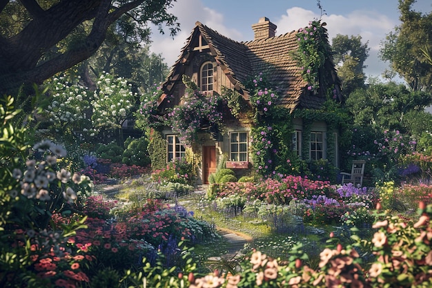 A quaint cottage surrounded by blooming gardens oc