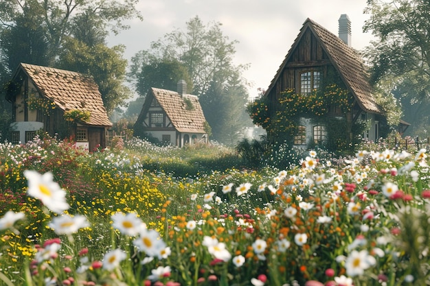 野生の花に囲まれた奇妙な小屋