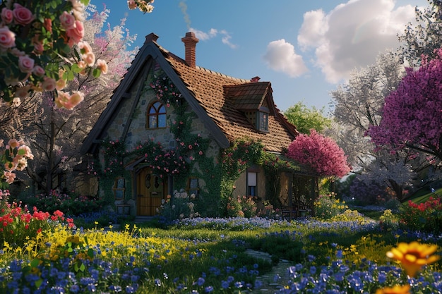 A quaint countryside cottage surrounded by bloomin