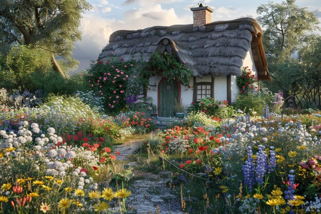 Quaint countryside cottage surrounded by blooming