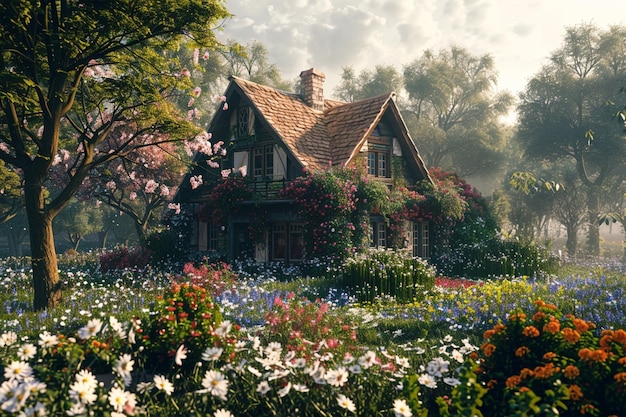 Quaint countryside cottage surrounded by flowers o