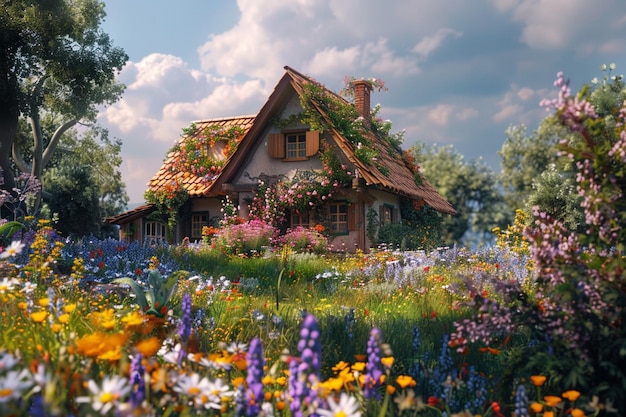 Quaint countryside cottages adorned with blooming