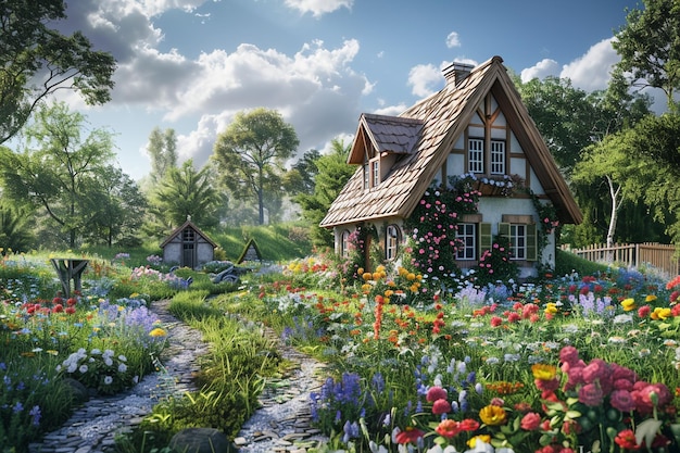 Quaint countryside cottages surrounded by flowers