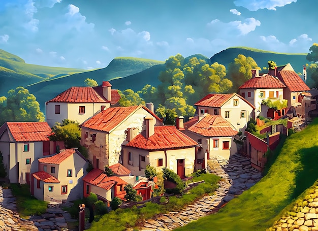 Quaint countryside village nestled among rolling hills