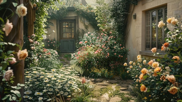 quaint English country garden brimming with heritage roses and fragrant herbs exuding the timeless charm and romance of the countryside