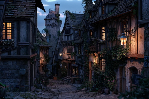 A quaint European village at twilight