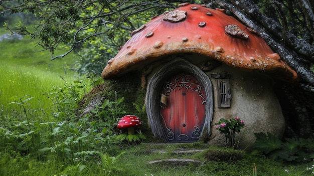 A quaint fairy abode resembling a giant mushroom complete with a vibrant red cap AI Generative