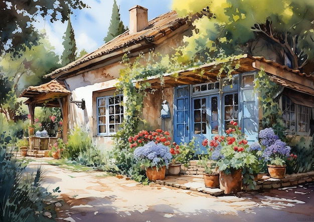 Quaint House with Garden in Watercolor Palette