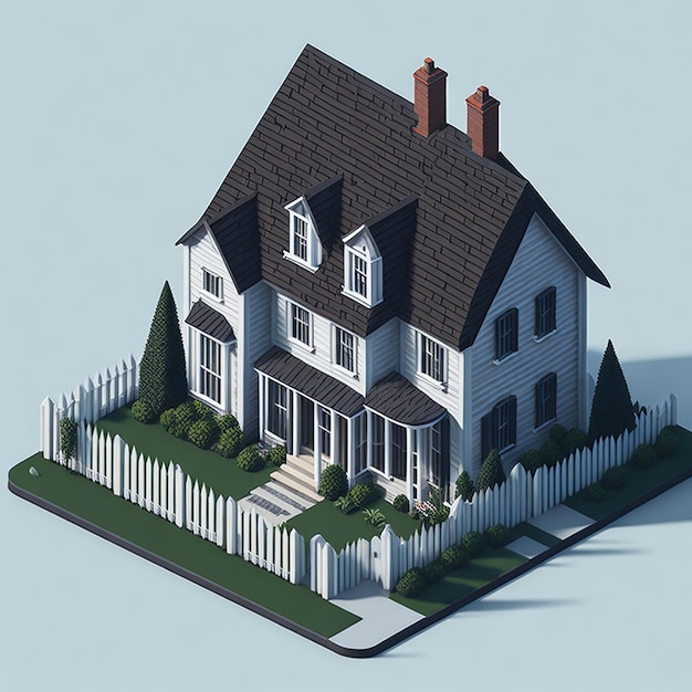 A quaint house with picket fence in isometric view