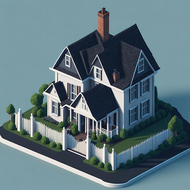 A quaint house with picket fence in isometric view