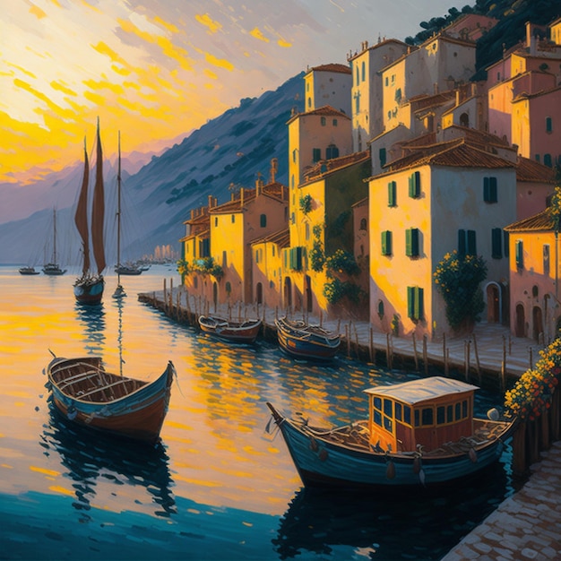 A quaint Italian seaside village with colorful buildings boats