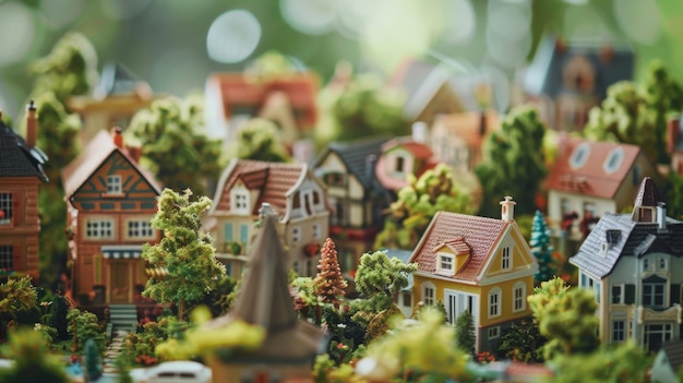 A quaint miniature village scene with tiny houses trees and figurines capturing the idyllic charm of smallscale architectural models