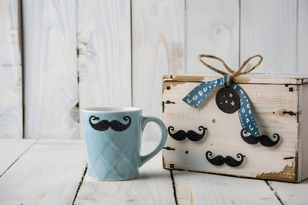 Foto una bella tazza a tema baffi mattutini e una scatola regalo