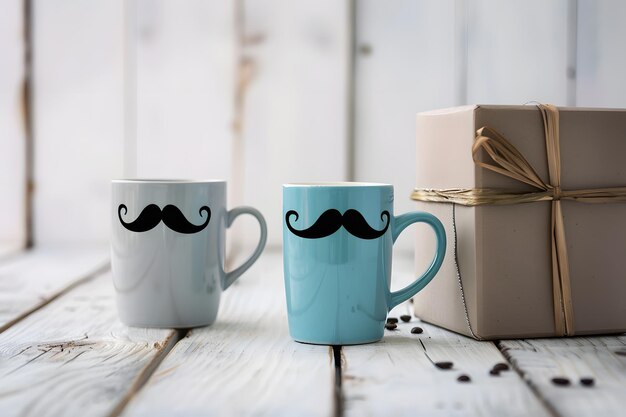 Foto una bella tazza a tema baffi mattutini e una scatola regalo