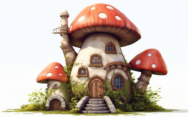 Quaint Mushroom Gnome Home on White Background