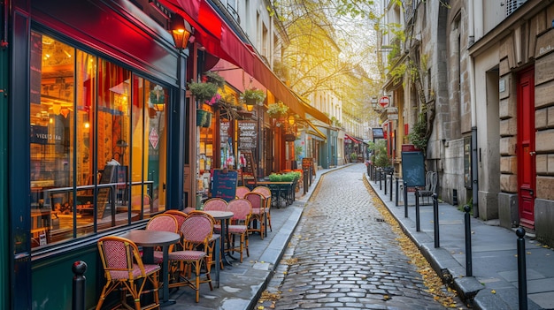 Quaint Parisian street lined with cafe tables and iconic architecture