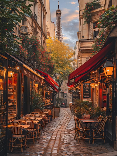 Photo quaint parisian street lined with cafe terraces showcasing iconic architecture and landmarks