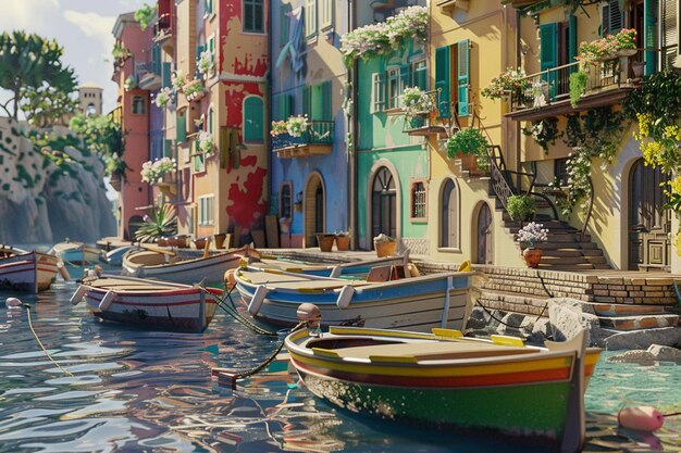 A quaint seaside town with colorful fishing boats