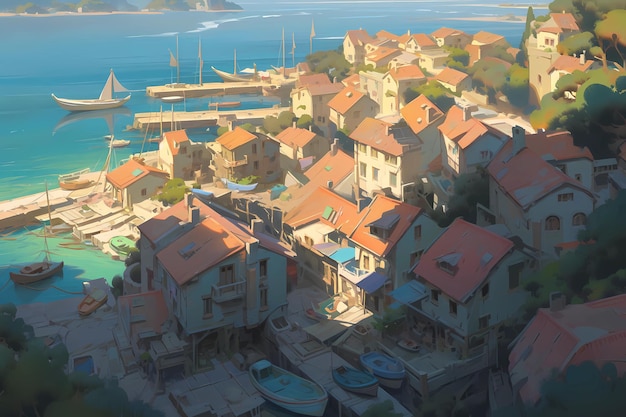 A quaint seaside village digital art illustration