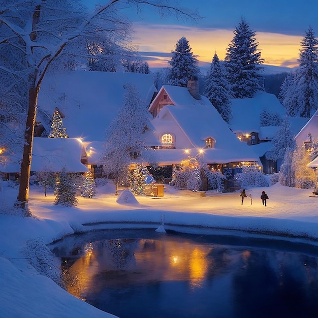 Photo a quaint snowcovered village at dusk the scene features twinkling lights from cozy cottages