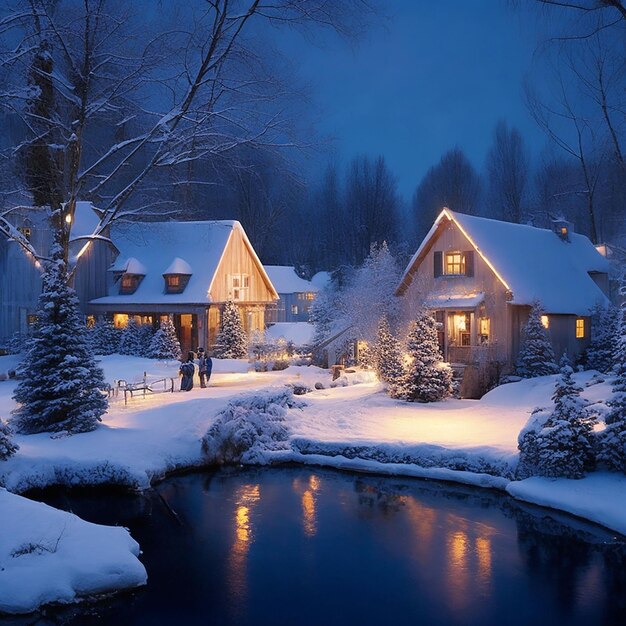 Photo a quaint snowcovered village at dusk the scene features twinkling lights from cozy cottages