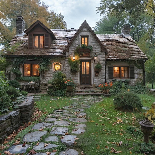 Photo a quaint stone cottage in a lush garden