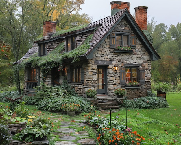 Photo a quaint stone cottage in a lush garden