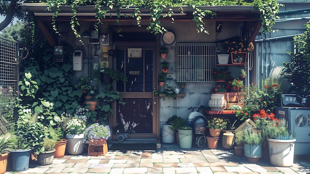 Quaint urban garden with potted plants and flowers in front of cozy home entrance showcasing lush