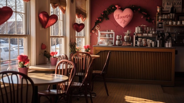 quaint Valentines Daythemed coffee shop adorned with heartshaped decorations