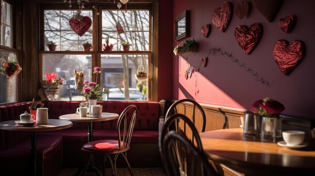 quaint Valentines Daythemed coffee shop adorned with heartshaped decorations