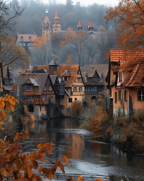 Photo a quaint village by the river wallpaper