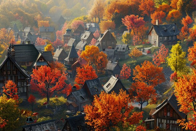 Причудливая деревня, расположенная среди красочных осенних деревьев