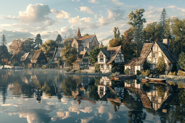 Quaint village reflected in the still waters of a