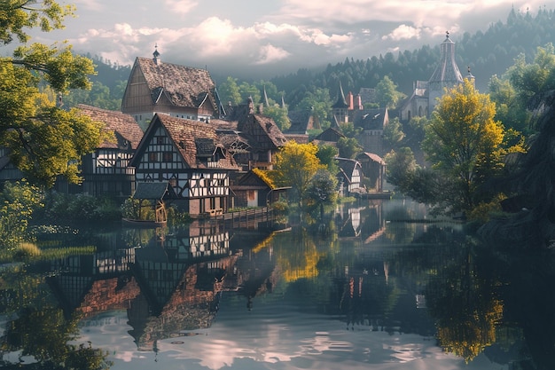 Photo quaint village reflected in the still waters of a