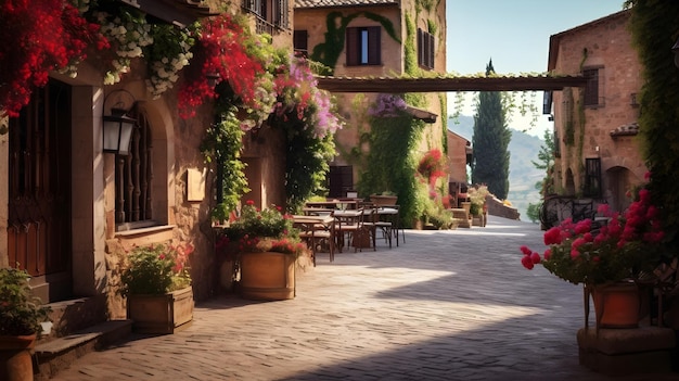 Photo a quaint village square adorned with hanging baskets of flowers