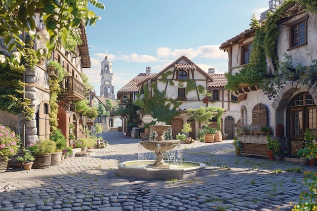 Quaint village square with cobblestone streets and