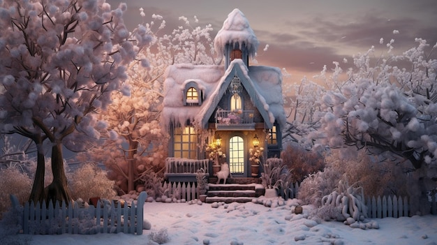 Причудливая деревня с домом, покрытым снегом зимой