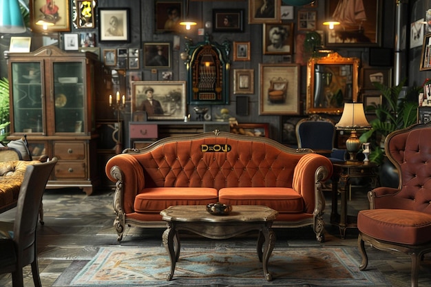 Quaint vintage furniture shop offering retro sofas