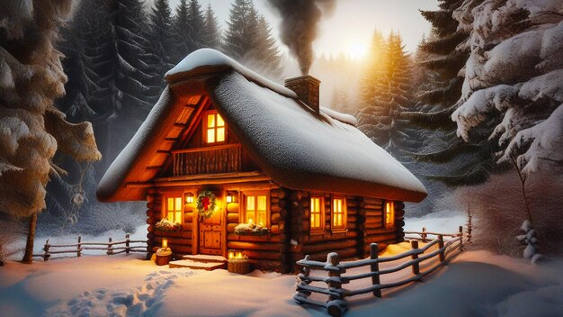 Фото Причудливый зимний дом, окруженный спокойным лесом.