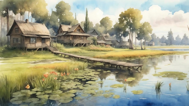 Quaint Wooden Houses in a Watercolor Swamp Painting