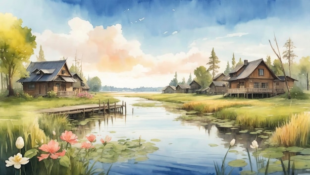 Quaint Wooden Houses in a Watercolor Swamp Painting