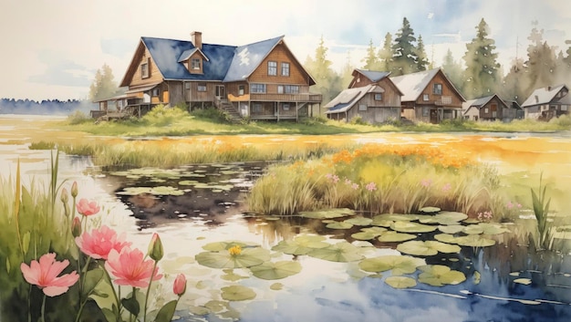 Quaint Wooden Houses in a Watercolor Swamp Painting