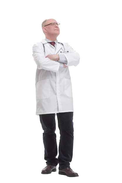 Qualified mature doctor in a white coat