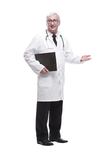 Qualified mature doctor with clipboard isolated on a white