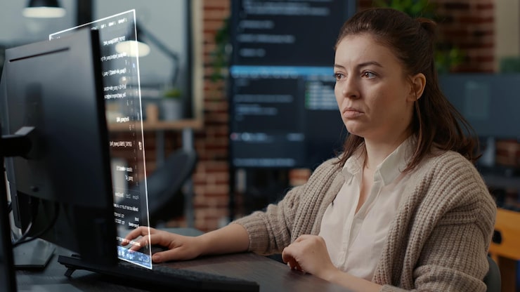 Photo qualified programmer helped by ar technology to visualize script, writing code on computer screen while in workplace using java programming languages. certified engineer solving errors