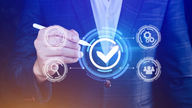 Quality Assurance Control Standards Hand shows the sign of the top service Quality assurance Guarantee Standards ISO certification and standardization concept