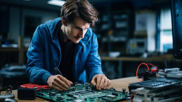 Quality Assurance Young Adult Engineer Inspects Soldered Computer Chip