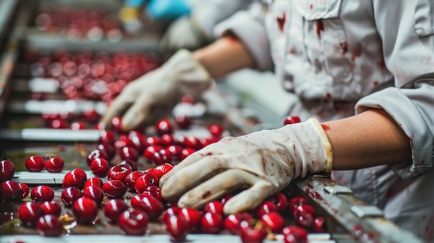 Quality control process in food industry worker inspecting fresh cherries on conveyor belt