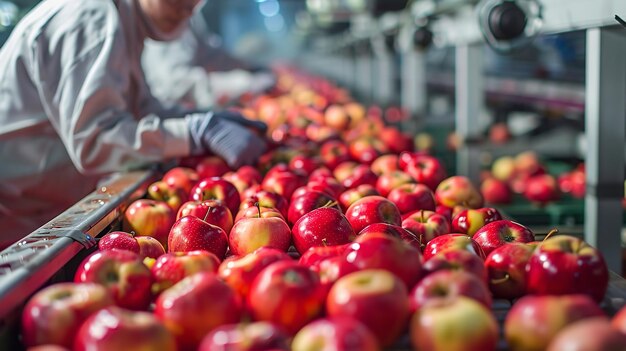 A quality control team working with apples over a running conveyor belt with a big space for text or product Generative AI